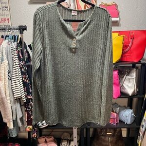 Olive Green Ribbed Long Sleeve Lightweight Sweater Knit